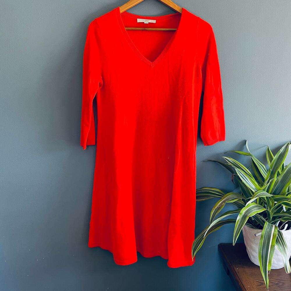 Ann Taylor LOFT V Neck Sweater Dress Medium Swing Orange